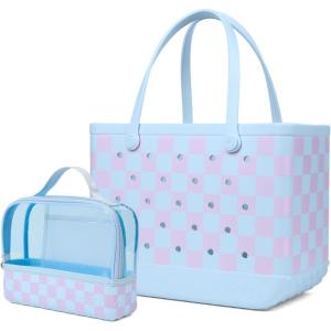 BOGG BAG Bundle – Original, Large Tote 19” x 9” x 14” + Boggs N’ Ends Travel Organizer Pouch 9” x 3” x 7” – Beach, Pool, Boat, Work, Sports (Checker Out)