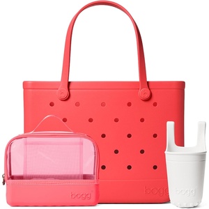 BOGG BAG Boggs N’ Ends Travel Organizer (Capri Coral) + Original, Large Tote (Coral Me Mine) + Bevy Beverage Holder (White) – Durable, Washable, Tip-proof – Beach, Pool, Boat, Work, Sports