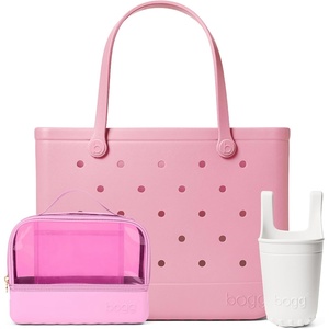 BOGG BAG Boggs N’ Ends Travel Organizer (Pinky Taffy) + Original, Large Tote (Blowing Pink Bubbles) + Bevy Beverage Holder (White) – Durable, Washable, Tip-proof – Beach, Pool, Boat, Work, Sports